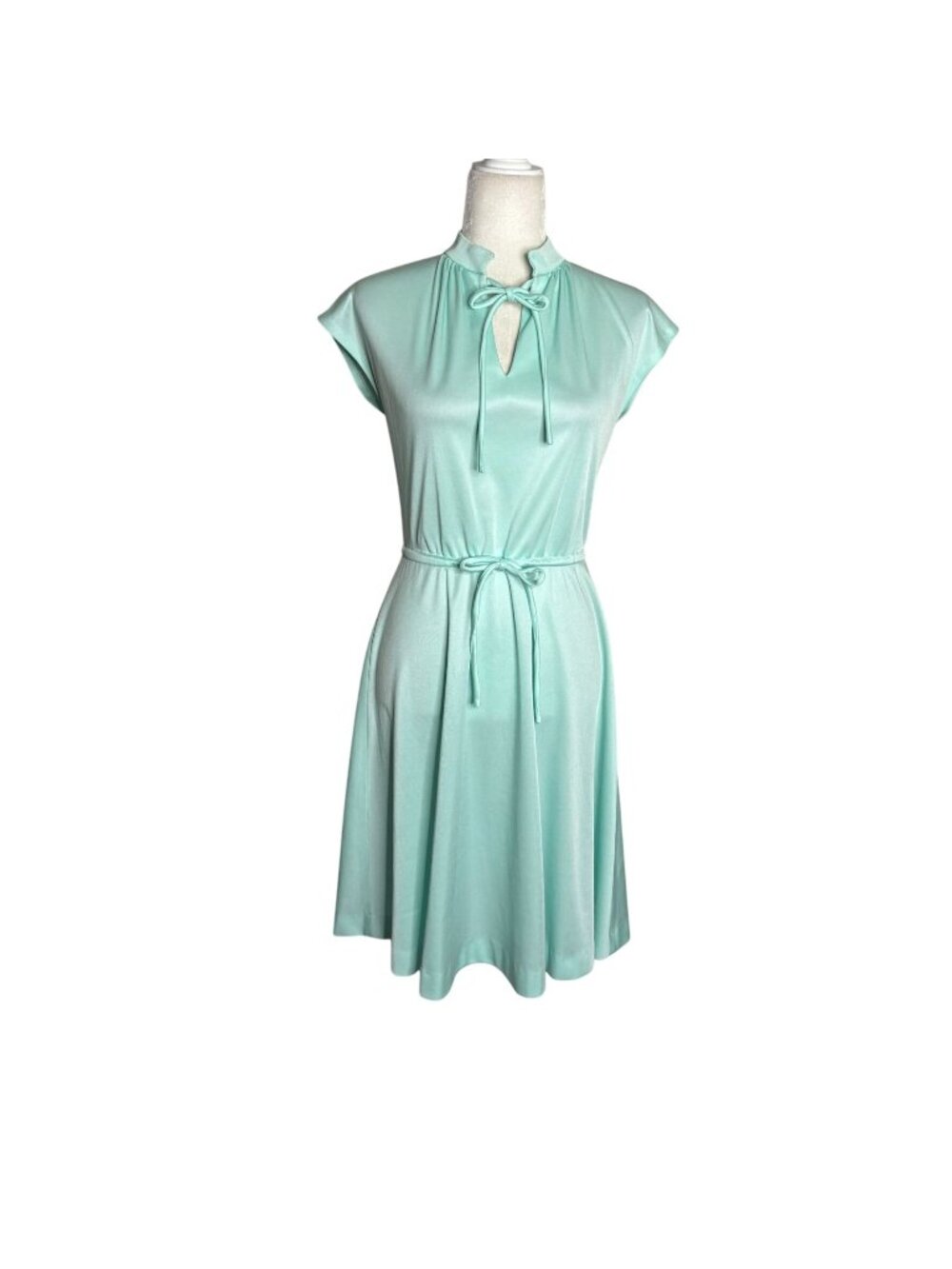 Vintage 70s Tie Neck Cap Sleeve A Line Dress Small Mint Green Waist Tie Zipper